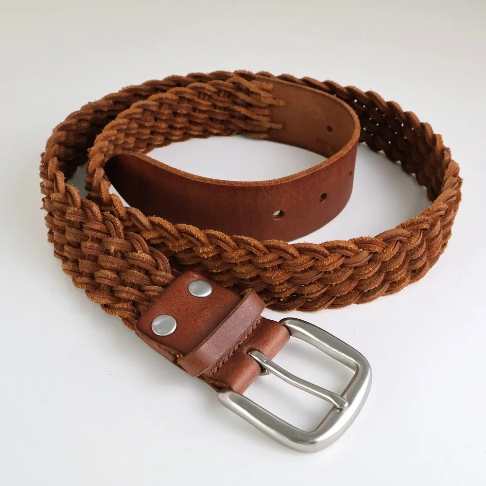 Polo Ralph Lauren Mens Braided Leather Belt Brown Woven Solid Brass 36 2113147